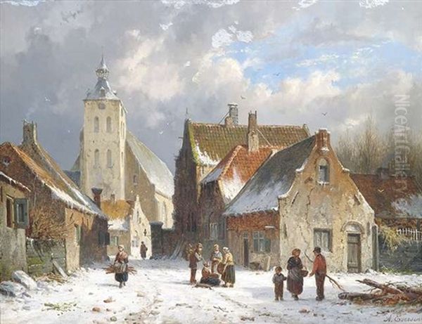 Winterliche Strasenszene In Einer Hollandischen Kleinstadt Oil Painting by Adrianus Eversen