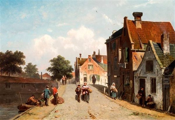 Zonnige Dorpsstraat Met Wandelaars En Groenteschuit Aan De Kade Oil Painting by Adrianus Eversen