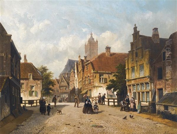 A Dutch Street Oil Painting by Adrianus Eversen