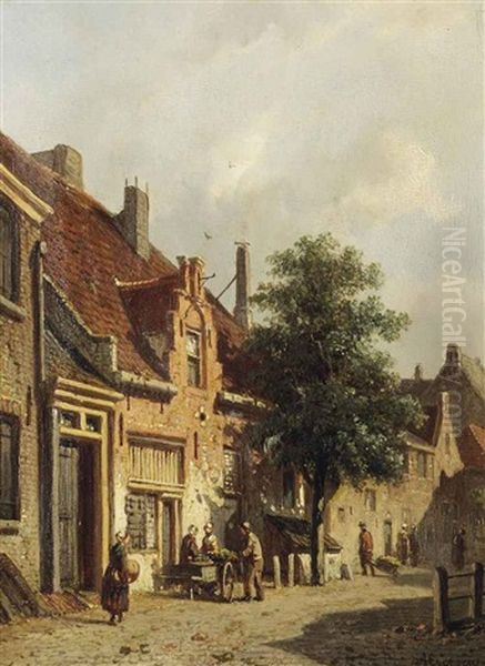 A Sunlit Street With Figures Oil Painting by Adrianus Eversen