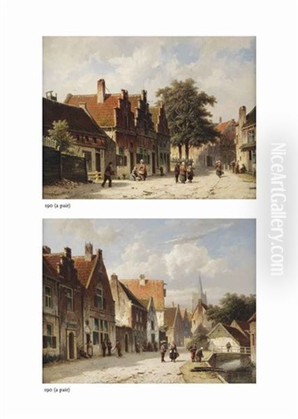 Villagers Strolling In A Sunlit Street (+ Villagers Walking Along A Canal, A Church In The Distance; Pair) Oil Painting by Adrianus Eversen