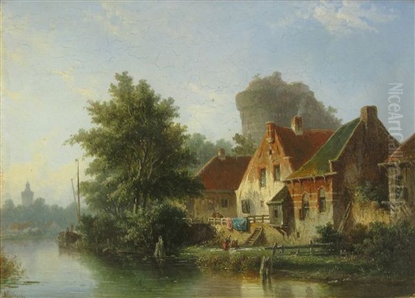 A View Of A River With Houses On The Bank Oil Painting by Adrianus Eversen