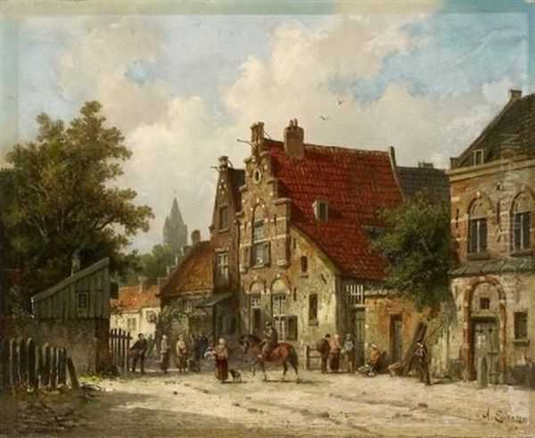 Strasenszene In Einer Hollandischen Kleinstadt Oil Painting by Adrianus Eversen