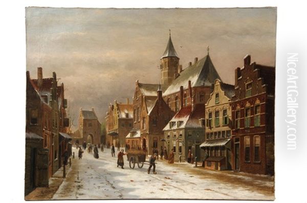 Netherlands Street In Winter Oil Painting by Adrianus Eversen