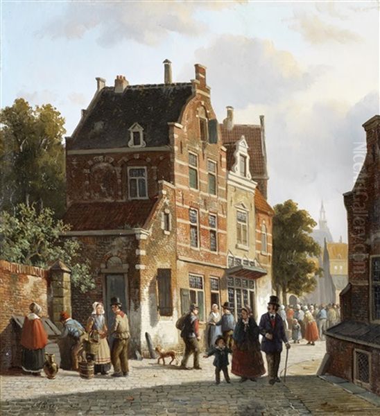 Figures In A Busy Street Oil Painting by Adrianus Eversen