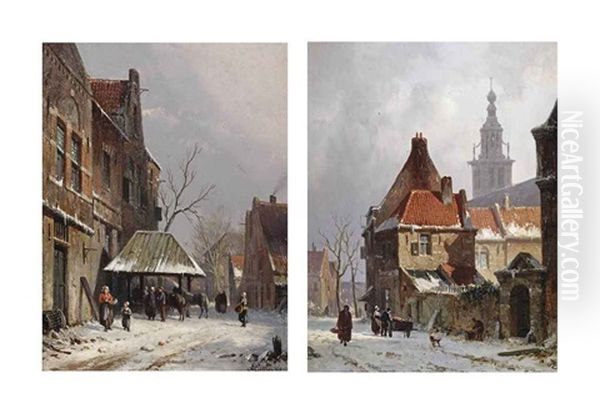 Horses In A Dutch Street In Winter (+ A Capriccio View Of Breda In Winter With A Church Beyond; Pair) Oil Painting by Adrianus Eversen