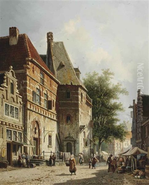 A Sunlit Street On Market Day Oil Painting by Adrianus Eversen