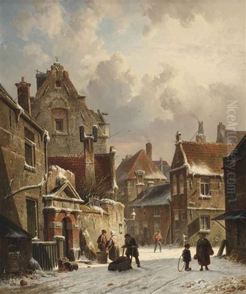 Towns People On A Snow-covered Street Oil Painting by Adrianus Eversen