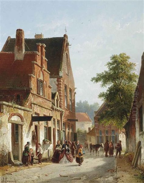 An Elegant Couple Strolling On A Busy, Sunlit Street Oil Painting by Adrianus Eversen