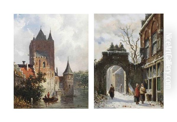 Two Men Fishing Near A Building On A Summer Day (+ Early Morning Chat On A Snow-covered Street; 2 Works) Oil Painting by Adrianus Eversen