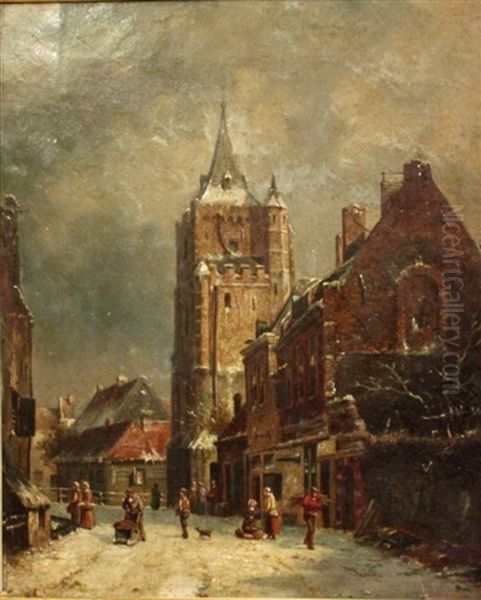 Dutch Street Scene With Tower (+ Dutch Street Scene With Steeple Betond; Pair) Oil Painting by Adrianus Eversen