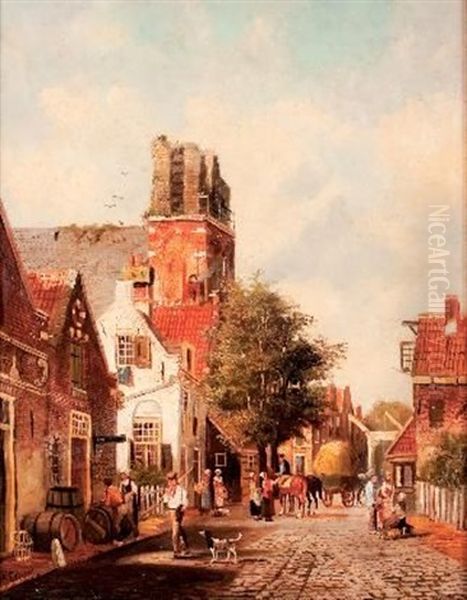 A Dutch Medieval Town Oil Painting by Adrianus Eversen