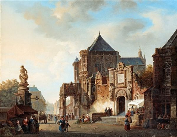 Stadsbild Med Figurer Oil Painting by Adrianus Eversen