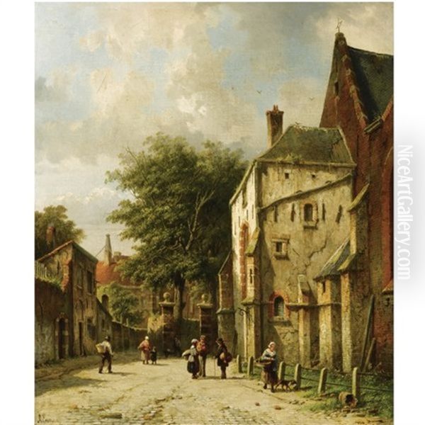 A Streetscene In A Dutch Town Oil Painting by Adrianus Eversen