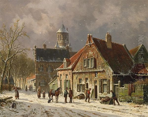 Winterliche Dorfstrase In Holland Oil Painting by Adrianus Eversen