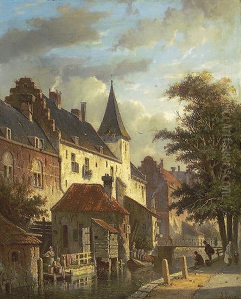 Townspeople Along A Canal Oil Painting by Adrianus Eversen