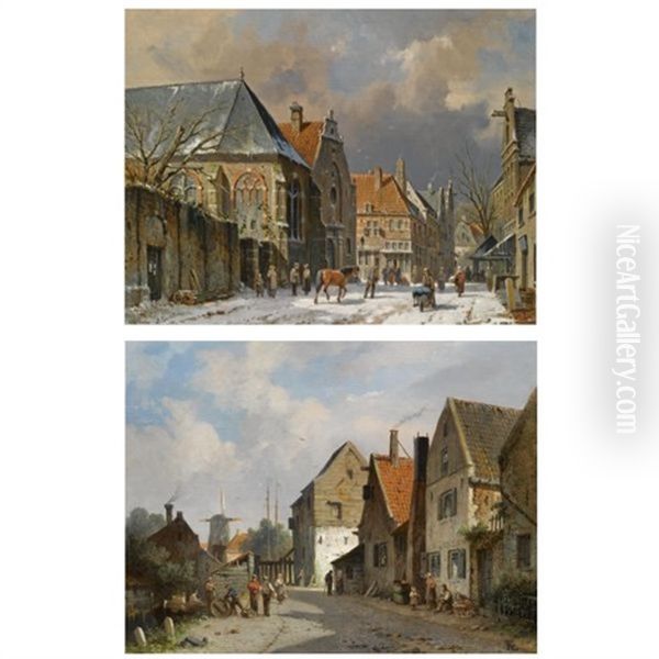 Figures In The Snow Covered Streets Of A Dutch Town (+ Figures In A Dutch Town In Summer; Pair) Oil Painting by Adrianus Eversen