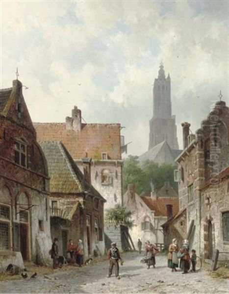 A Capriccio View Of A Busy Street In Amersfoort Oil Painting by Adrianus Eversen