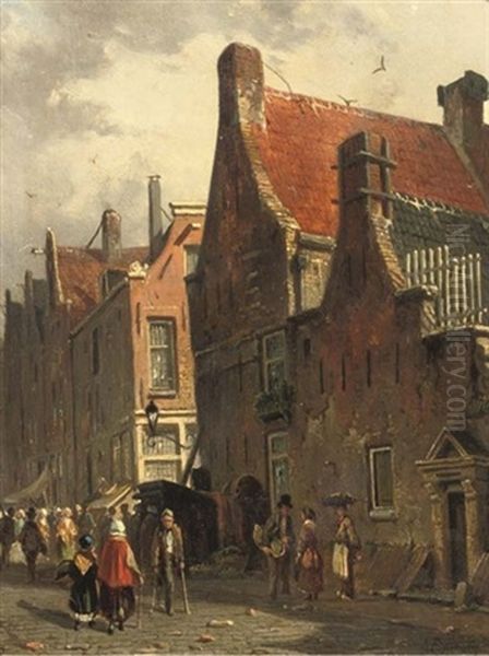 Townsfolk In A Busy Street Oil Painting by Adrianus Eversen