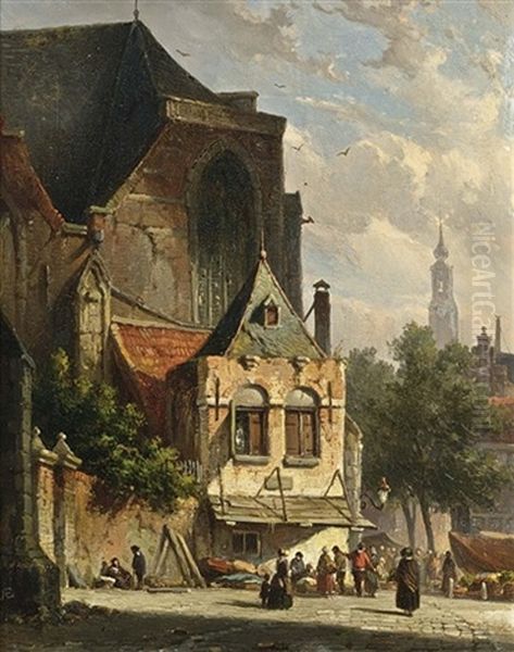 A Busy Market In A Dutch Town Oil Painting by Adrianus Eversen