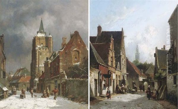 A Snow Covered Street (+ A Sunlit Street; Pair) Oil Painting by Adrianus Eversen