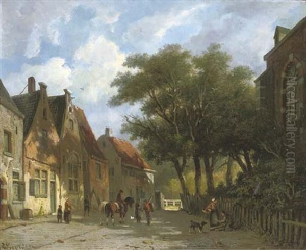 Activities On A Village Street Near A Church In Summer Oil Painting by Adrianus Eversen