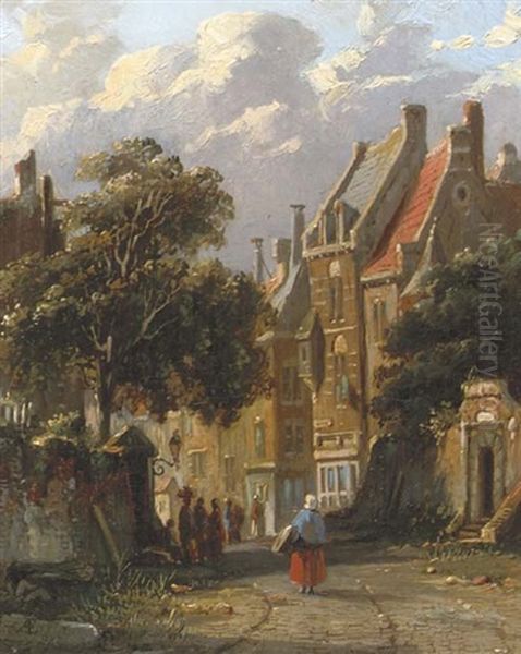 Townsfolk On A Sunlit Street Oil Painting by Adrianus Eversen