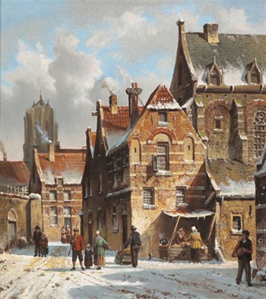 Wintertag In Einer Hollandischen Stadt Oil Painting by Adrianus Eversen