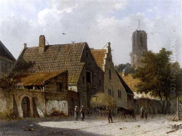 Villagers In A Sunny Street Oil Painting by Adrianus Eversen