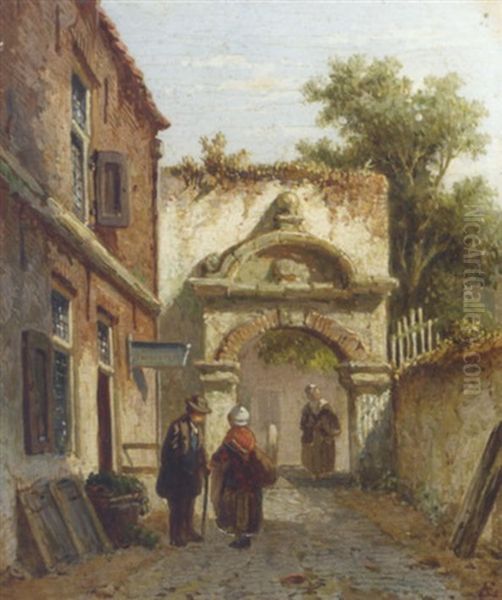 Figures By A Town Gate Oil Painting by Adrianus Eversen