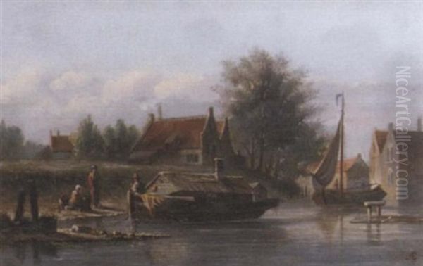 A Houseboat Moored By A Dutch Town Oil Painting by Adrianus Eversen