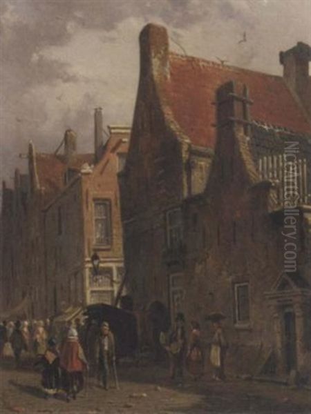 Townsfolk In A Busy Street Oil Painting by Adrianus Eversen