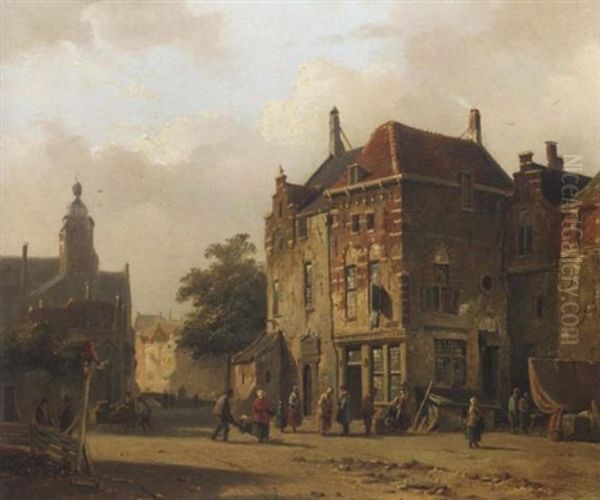 Numerous Figures In A Sunlit Town Square Oil Painting by Adrianus Eversen