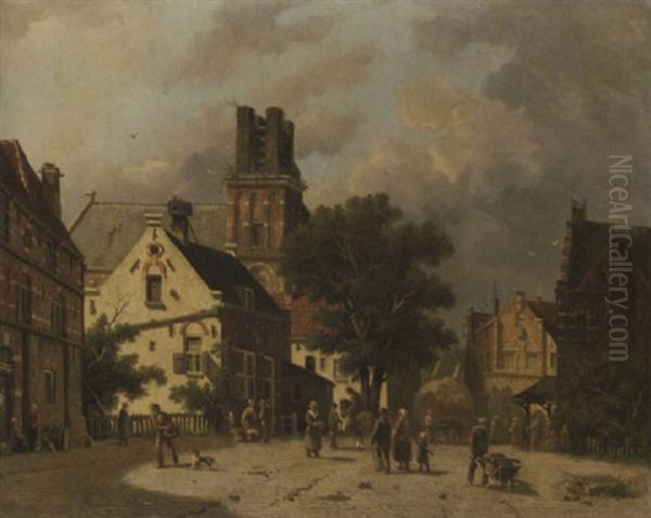 Townsfolk On A Square Oil Painting by Adrianus Eversen