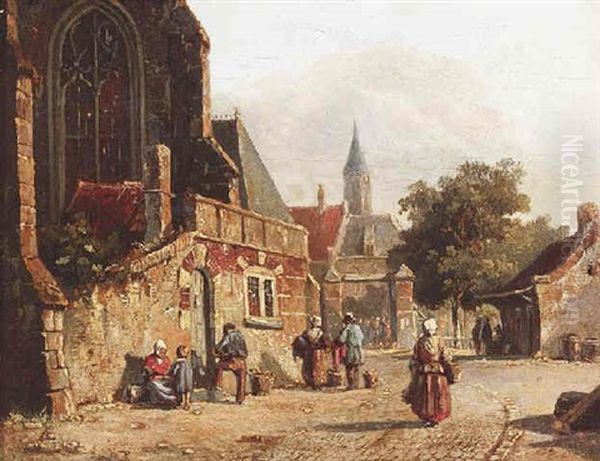 Hollandische Stadtansicht. Bauersleute Stehen Mit Korben Auf Dem Weg Vor Einer Kirche Oil Painting by Adrianus Eversen