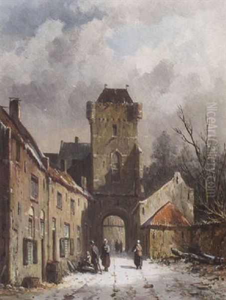 A Wintry Vew Of The Dijkpoort In Hattem Oil Painting by Adrianus Eversen