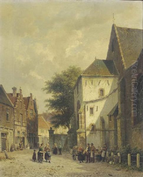 Townsfolk Conversing In Front Of A Church Oil Painting by Adrianus Eversen