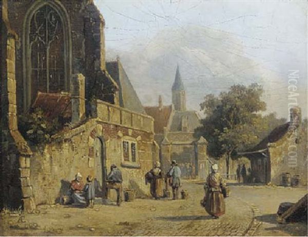 Daily Activities On A Church Square Oil Painting by Adrianus Eversen