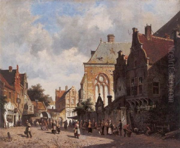 A View Of A Dutch Sunlit Town Oil Painting by Adrianus Eversen