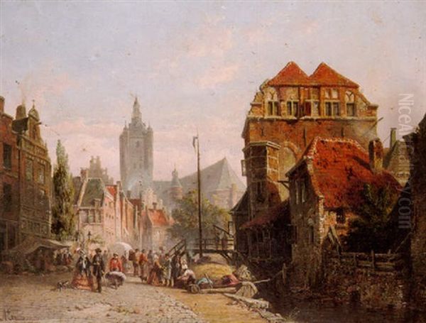 A Dutch Market Town With Figures Oil Painting by Adrianus Eversen