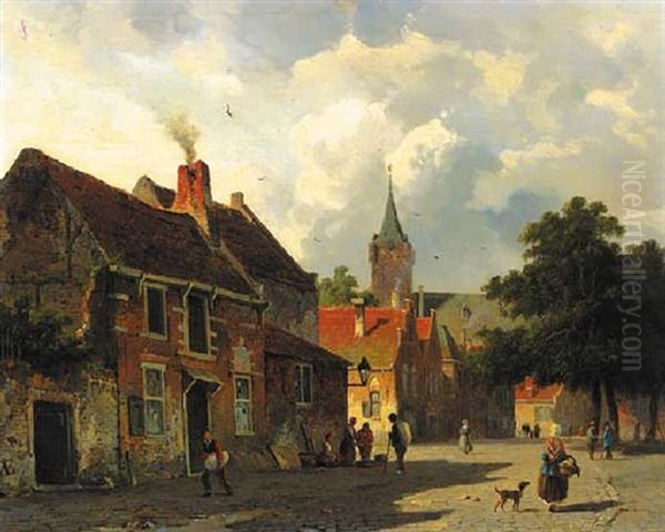 A Sunlit Village Square With Figures Conversing Oil Painting by Adrianus Eversen