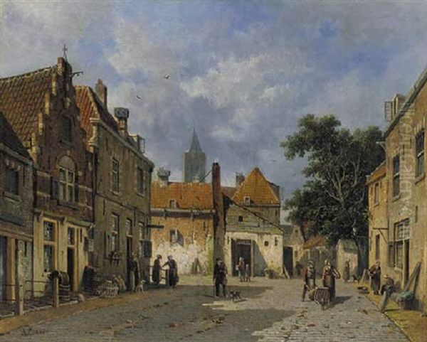 Figures Strolling In A Sunlit Street Oil Painting by Adrianus Eversen