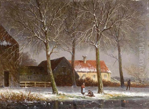 Peasants On A Tree-lined, Snowcovered Track, With Farms Beyond Oil Painting by Adrianus Eversen