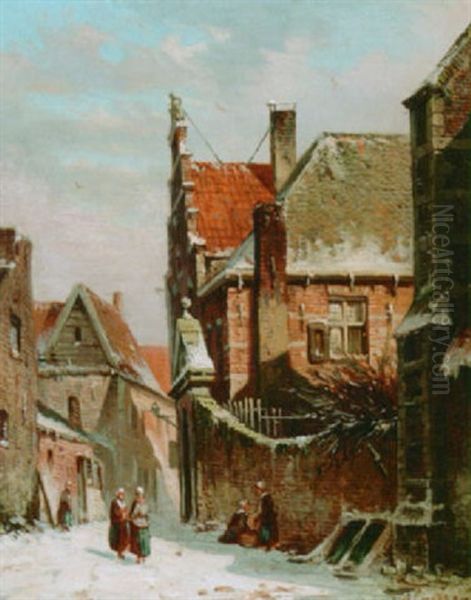 A Dutch Street Scen In Winter Oil Painting by Adrianus Eversen