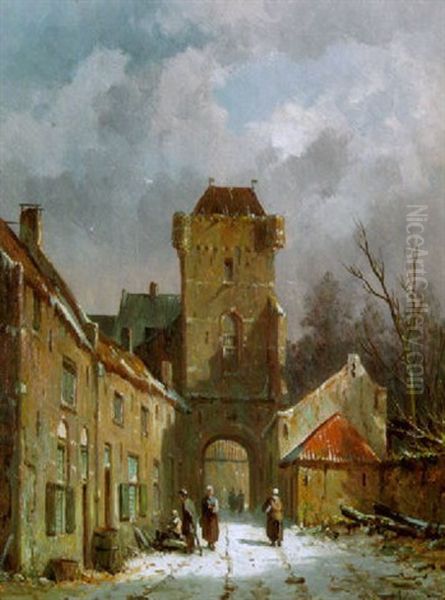 Winterliches Hollandisches Stadtchen Mit Altem Stadttor Und Passanten Oil Painting by Adrianus Eversen