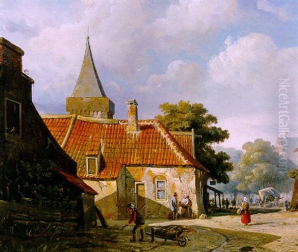 Stadsgezicht Met Figuren Oil Painting by Adrianus Eversen