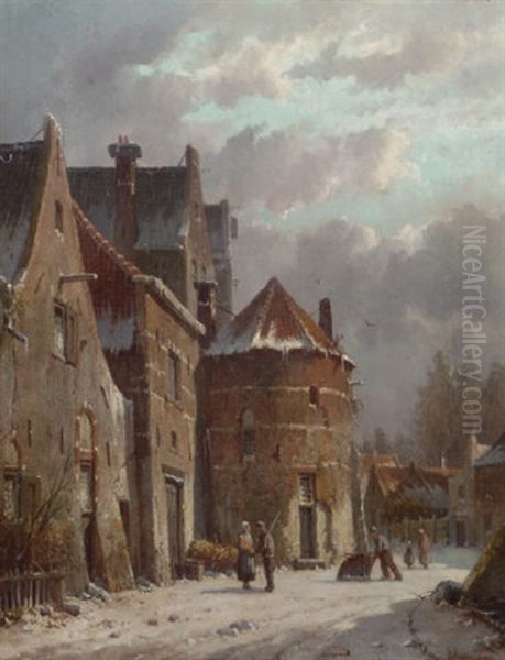 Villagers In A Snow Covered Street Oil Painting by Adrianus Eversen