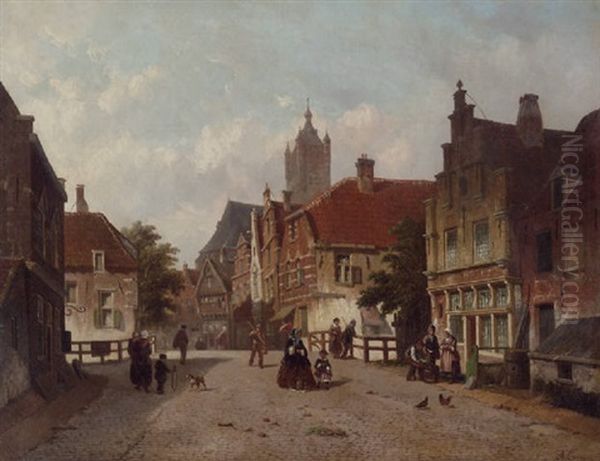 A Sunlit Town With Elegant Figures Strolling Near A Bridge Oil Painting by Adrianus Eversen