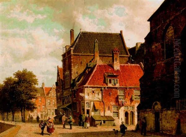 A Sunlit View Of A Town With Townsfolk Conversing Oil Painting by Adrianus Eversen