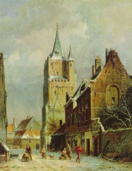 Winterliches Stadtmotiv Mit Figurlicher Staffage Oil Painting by Adrianus Eversen